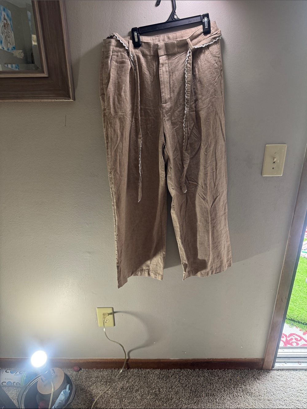CeCe Relaxed Fit Tan Drawstring Linen-Blend Chinos